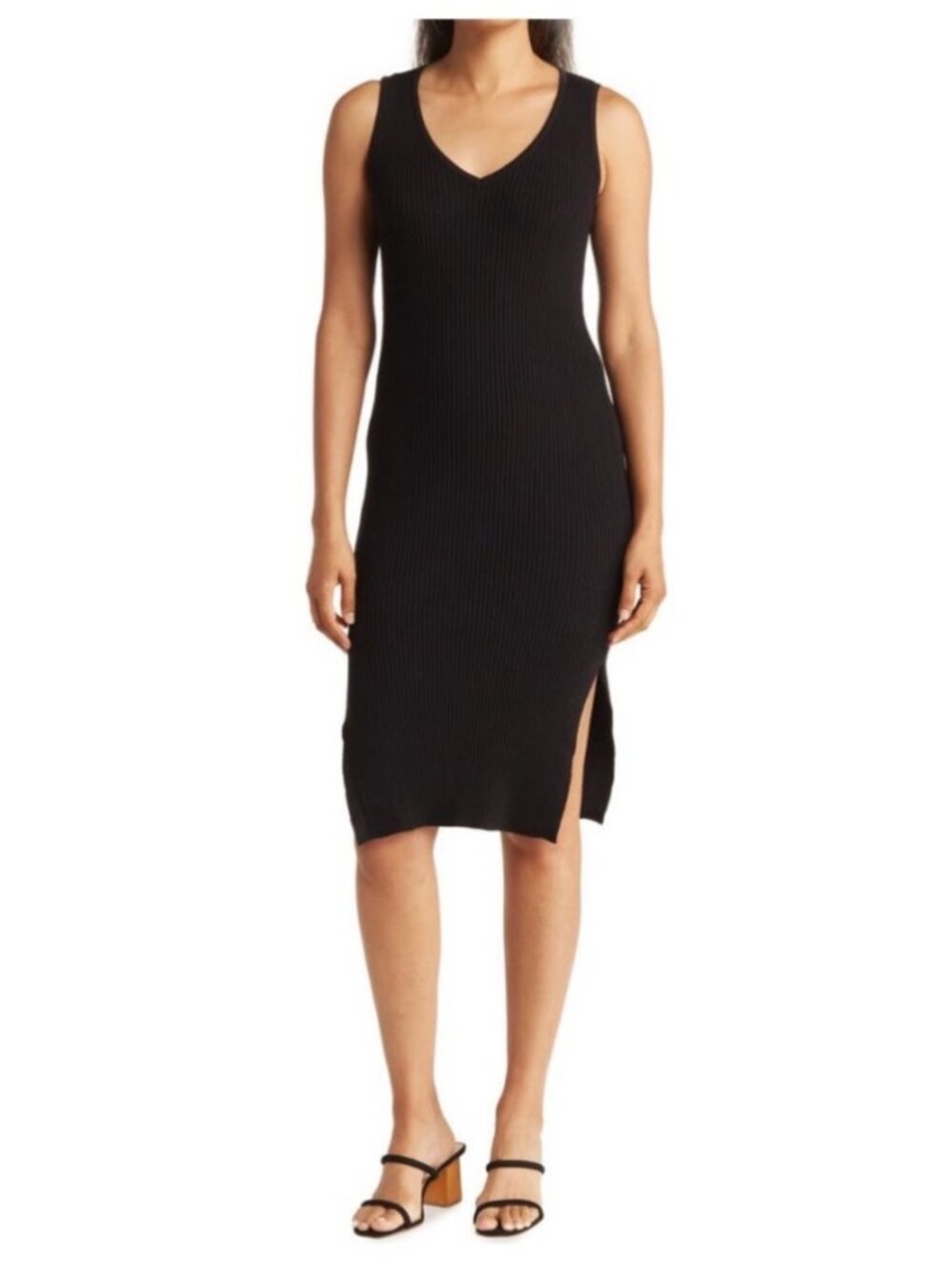 Magaschoni Black Ribbed Knit Midi Dress V-Neck Sleeveless Side Slit M